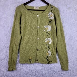 Dia S Green Linen Cotton Blend Slub Cardigan Whimiscal Floral Daisy USA Made